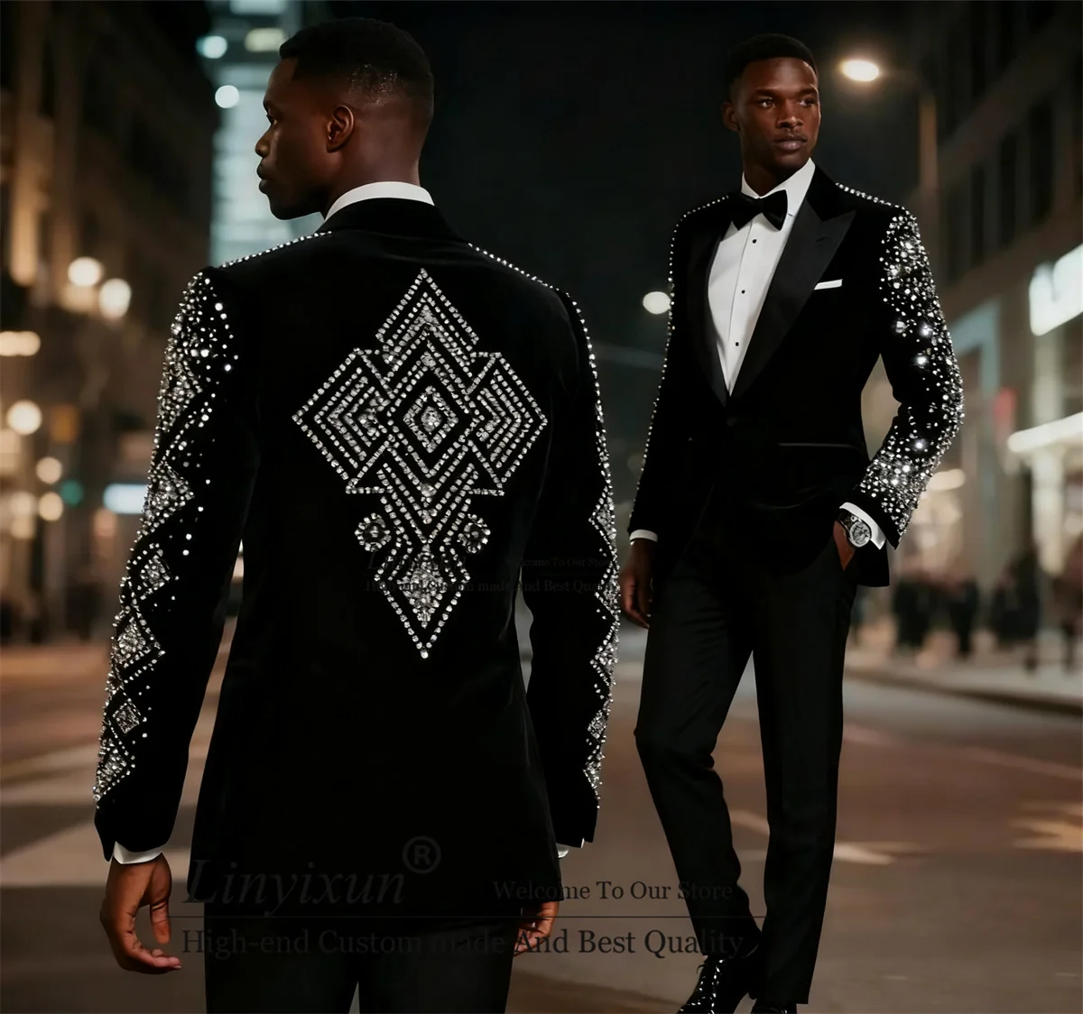 

High End Rhinestone Beaded Wedding Suits For Men Groom Peaked Lapel Blazers Customized Slim Fit Tuxedos 2 Pieces Sets Ropa homre