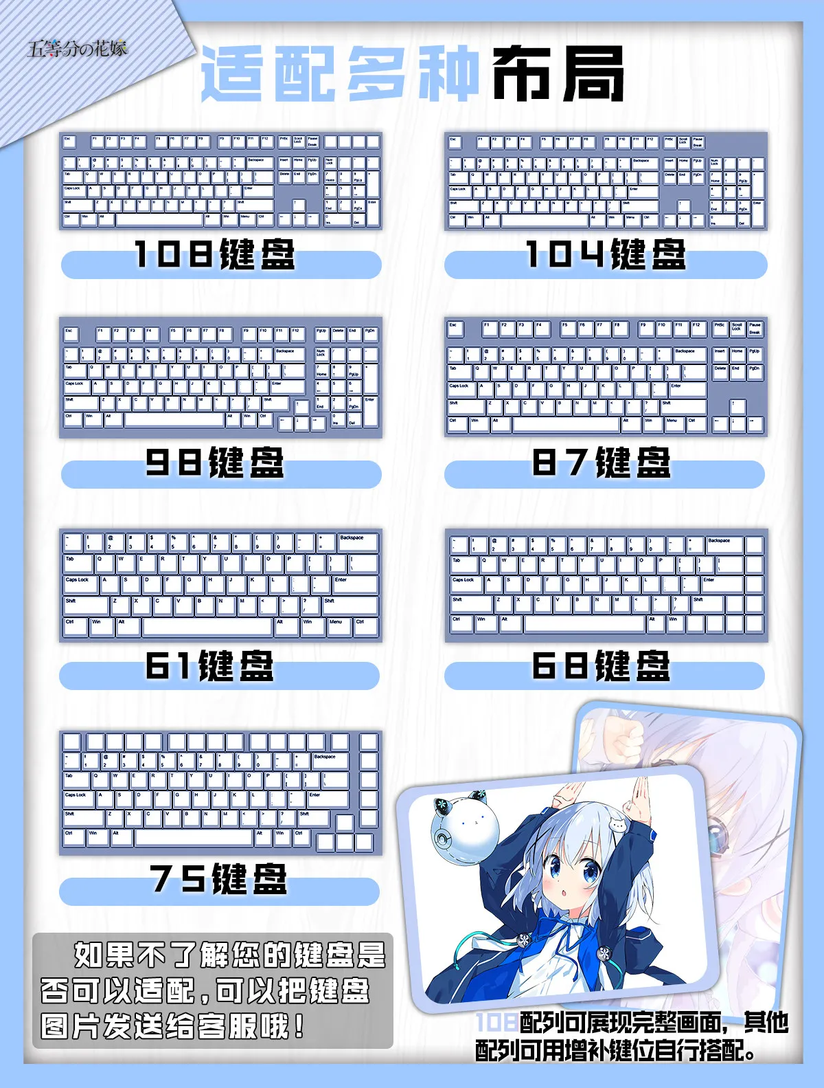 Kafuu Chino 122 PBT Keycaps DYE Sublimation  Order A Rabbit Key Cover Cherry Cross MX Switch Key Cap for Mechanical Keyboard