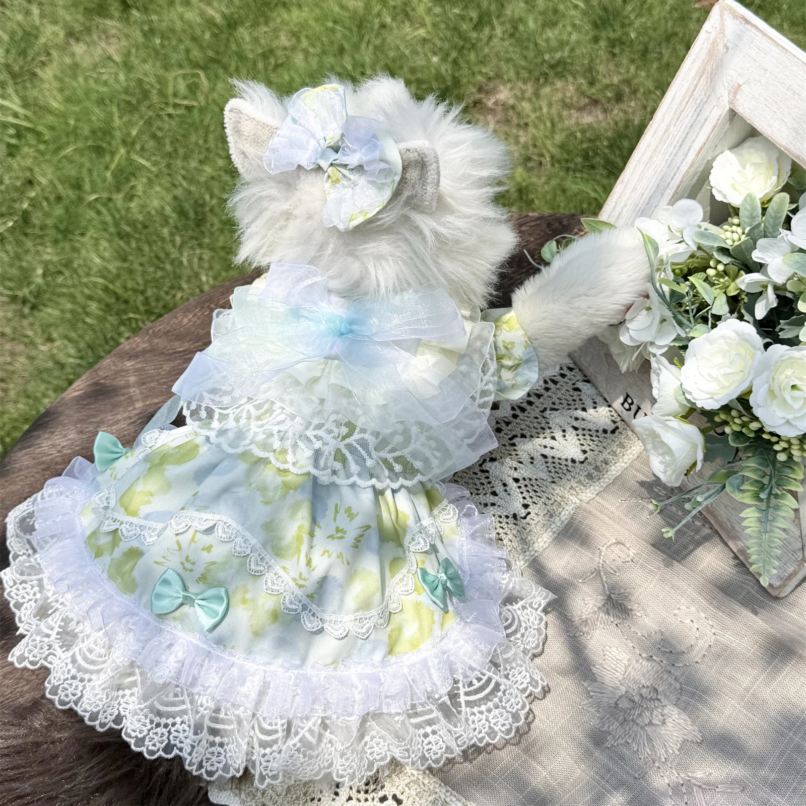 

Handmade Pure Cotton Summer Cute Forest Elf Dress for Pomeranian Poodle Small Dogs, Boho Princess Original Print Breathable Gown