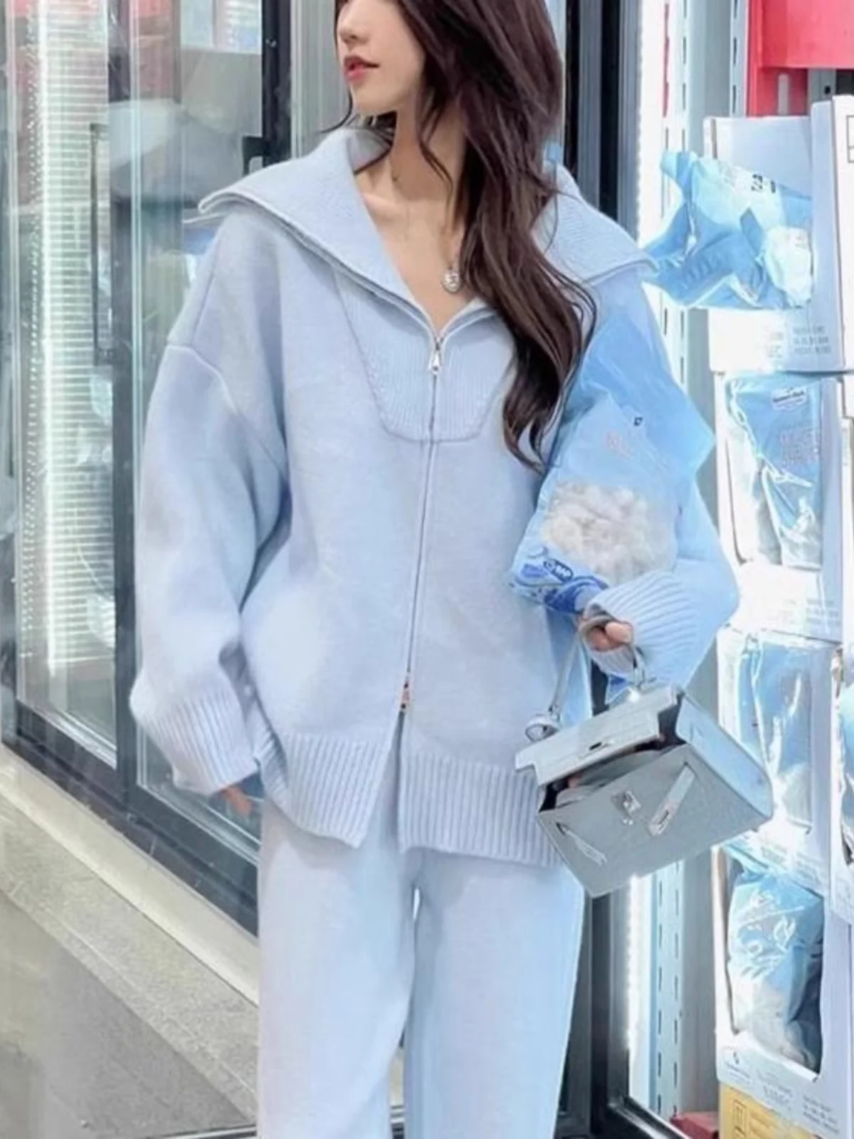 

High Waist Floor-Length Wide Leg Pants Zipper Casual Faion Sport Knitted Set Women Autumn Two-Piece Set Ele Feel