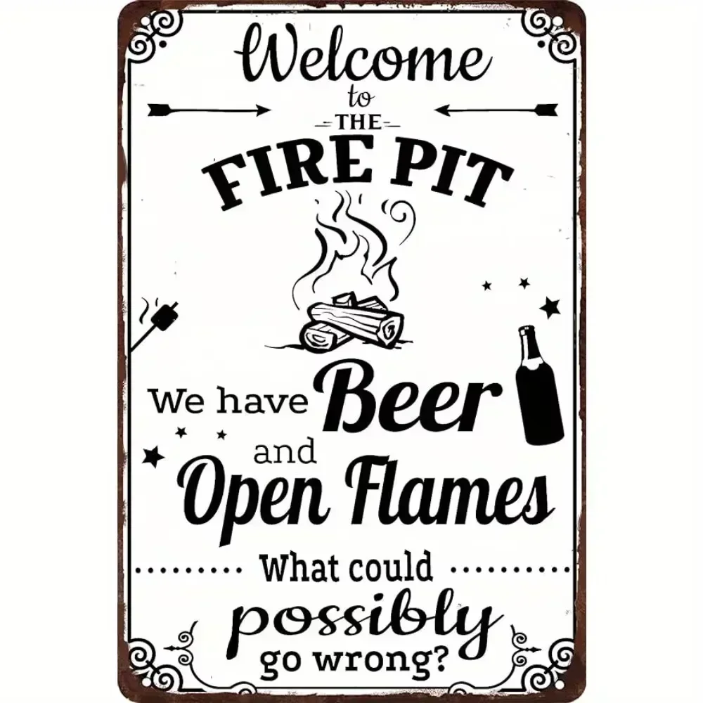 Brand Name Fire Pit Welcome Sign - Vintage Metal Decor for Backyard Camping Cabin | Open Fire Outdoor Fun