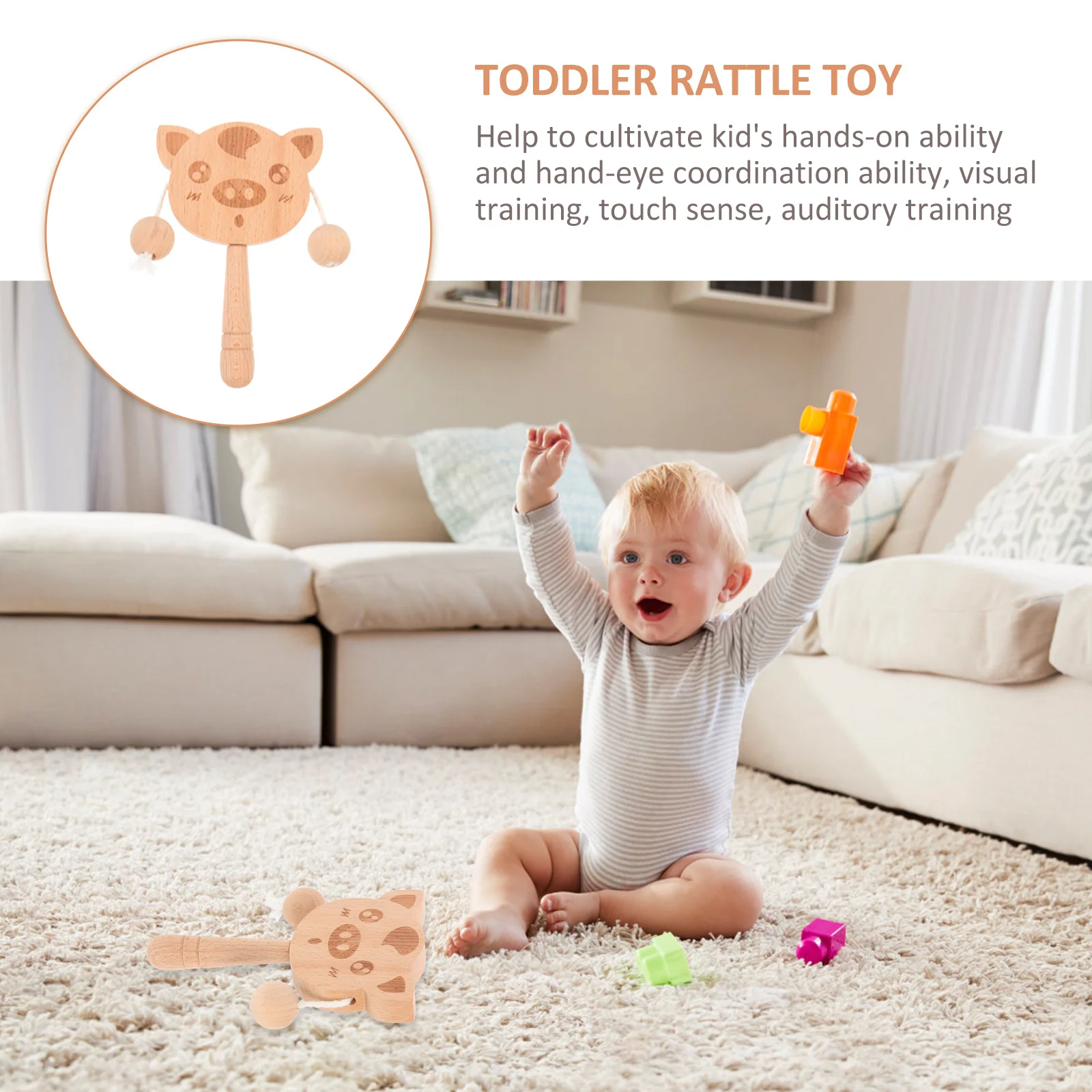 Tambour à secouer de conception animale, hochet à main pour bébé, Instrument de musique pour le développement sensoriel, jeu hochet en bois pour enfants