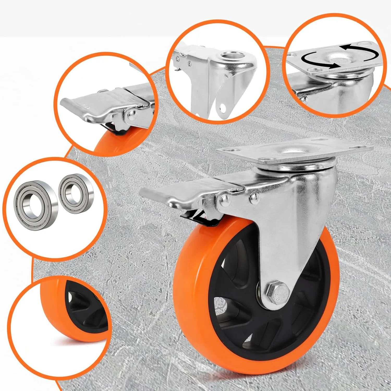 4 Stück Lenkrollen, 4 Zoll Plattendrehrollen mit Bremse, 360-Grad geräuscharme Räder, Industrierollen, Feststellrollen für Möbelwagen und Werkbänke – Detail 5