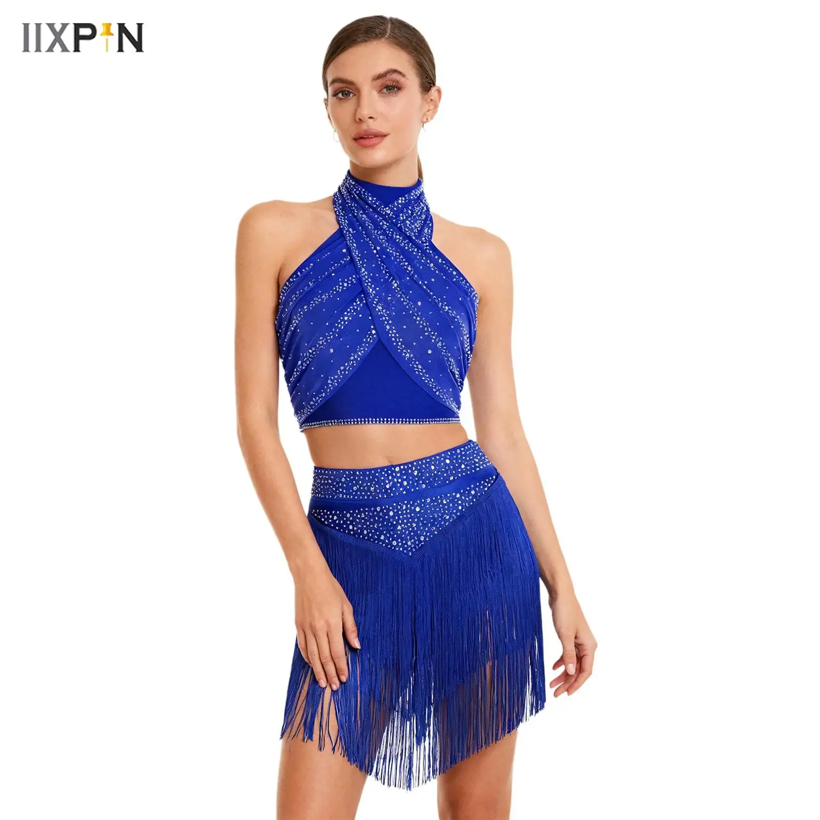 

Womens Chacha Salsa Latin Dance Outfit Halter Sleeveless Backless Crop Top+Tassels Skirt for Ballroom Jazz Belly Dance Costume