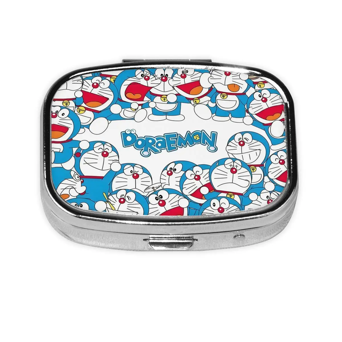 Caja de pastillas cuadrada de cómic de gato D-Doraemones personalizada, organizador de pastillas de Metal pequeño de Manga de 2 compartimentos, dispensador de caja de medicina