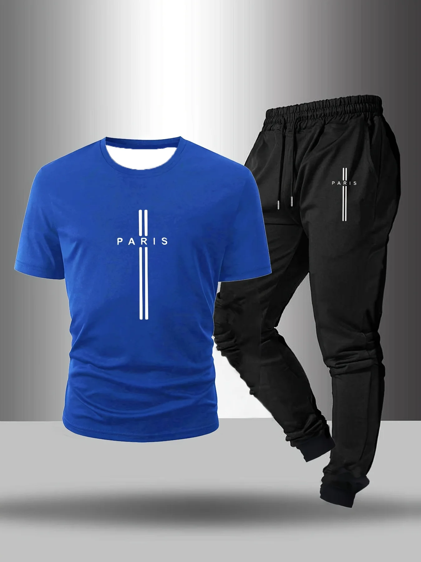 

Men's Basic Daily Round Neck Casual Comfortable Short Sleeved T-shirt+Pants Set 2-piece Paris Letter Printed Outdoor Set