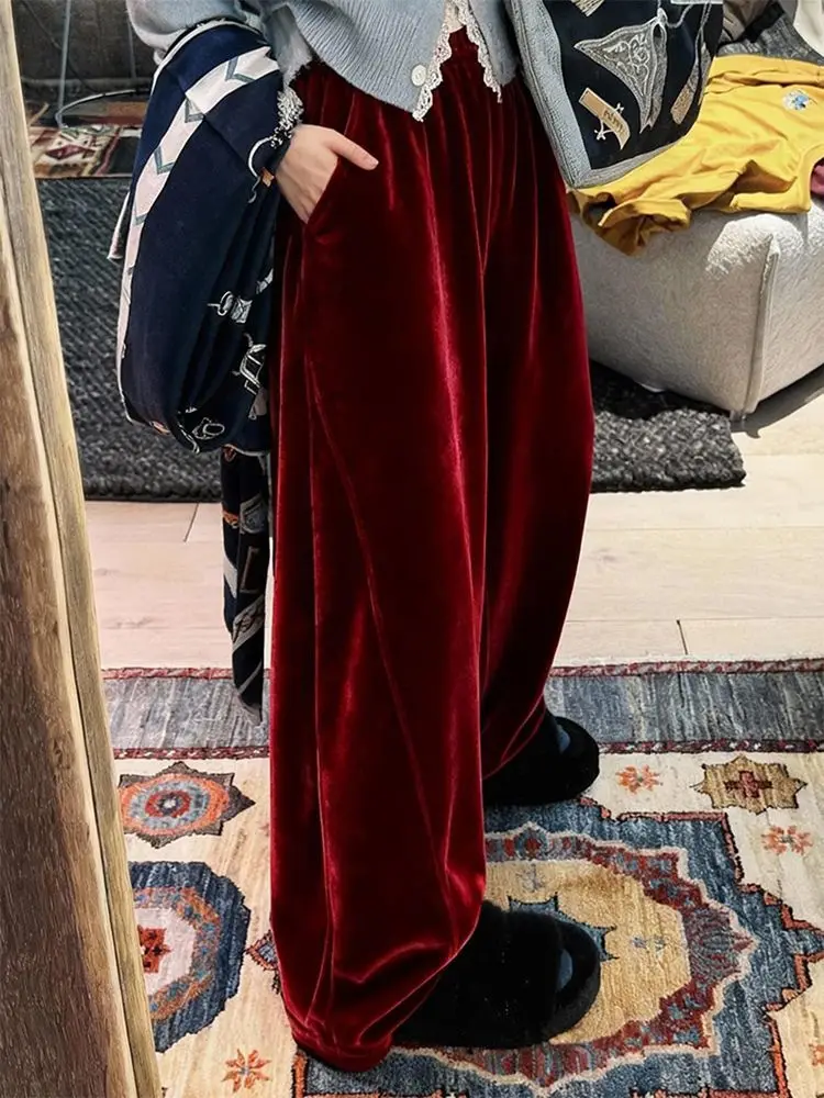 

Женские бархатные брюки больших размеров с широкими штанинами, высокой талией, утягивающие, модные, осенне-зимние, карго, красные, повседневные, стильные