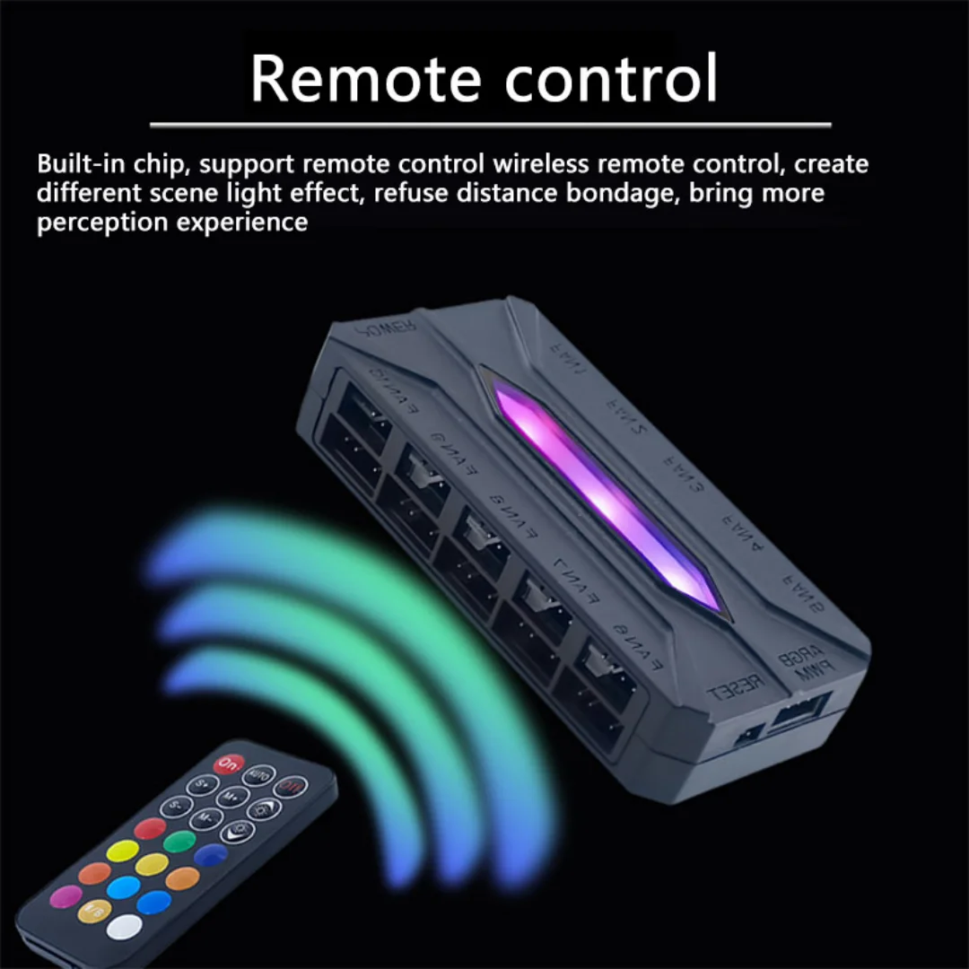 CX FUTURE Chassis Fan Hub, Dual 10 Ports. ARGB 3PIN+PWM 4PIN Ports. Equipped With Remote Control (Controlling Lighting)