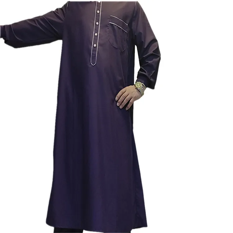 Pakistani Adult Muslim Costume Long Loose Purple Black Solid Color Comfortable Tourist Men Islamic Arabic Kaftan Suit