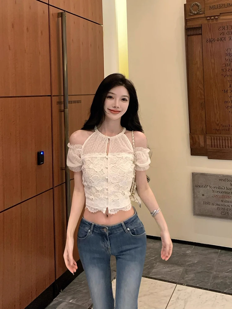 

Новая женская сексуальная облегающая блузка Pure Desire с вырезами и кружевом, с открытыми плечами, короткий рукав, летняя, в корейском стиле, для повседневной носки