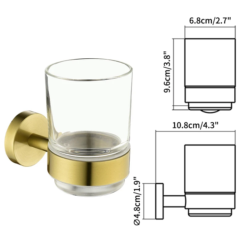 Rose Gold Wall-Mounted Toothbrush Holder with Glass Cup Stainless Steel Bathroom Organizer Brushed Gold Chrome Polished Black