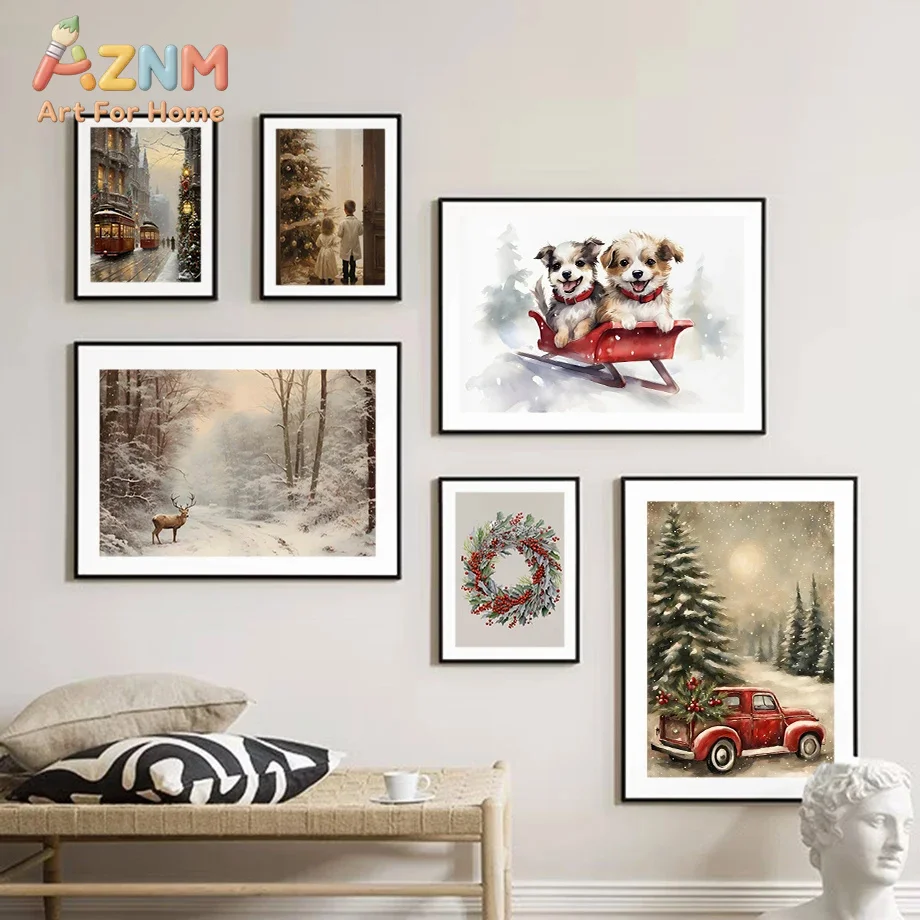 AZNM Frameless 2D Flat Winter Snowy Christmas Puppy Deer Vintage Truck Canvas Print, Reusable Holiday‑themed Living Room Wall Ar