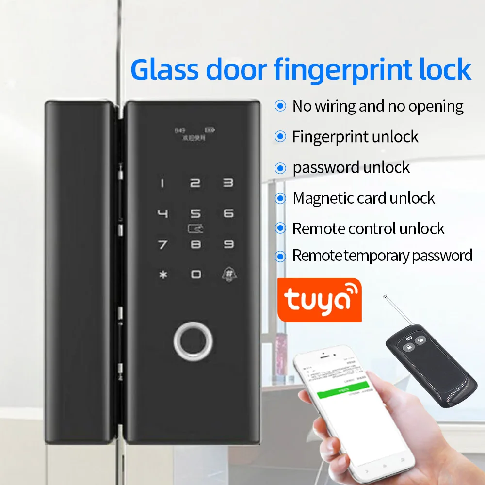 

Bluetooth Tuya Mobile APP Smart Lock Glass Door Biometric Fingerprint Lock RFID Card Remote Control Electric Lock Sliding Door