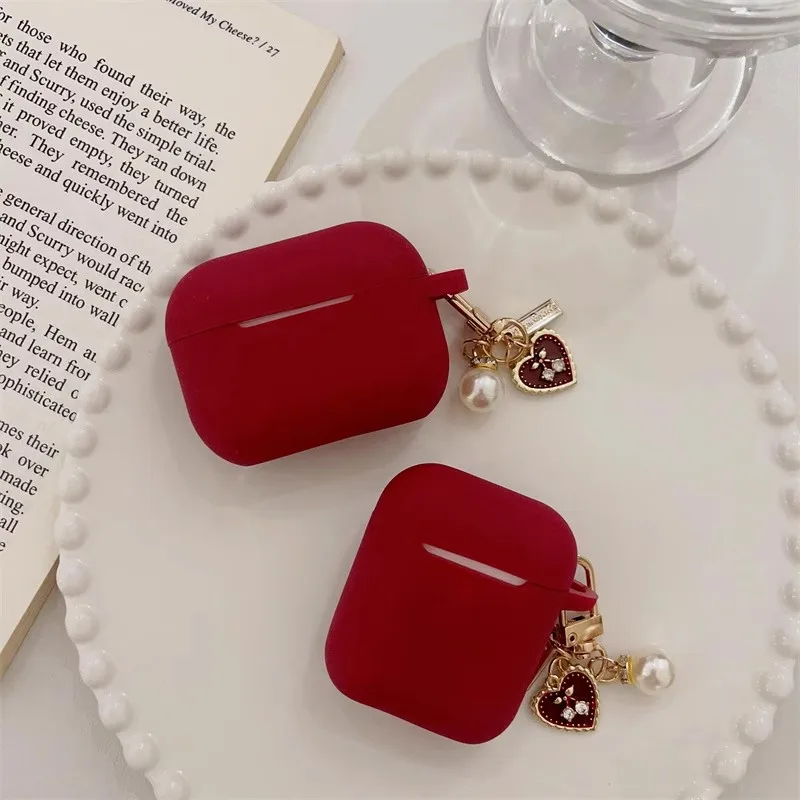 Apple Airpods,イヤホン,素敵なワインレッド,シリコン,ヘッドセットボックス,Airpods Pro 2,1,2,3,4用のビンテージラブハートキーホルダー