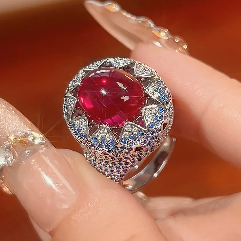 

Adjustable Statement Ring with Oval Cut Red Green Gemstone Blue CZ Accents Vintage Inspired Design Women's Luxury Party Jewelry