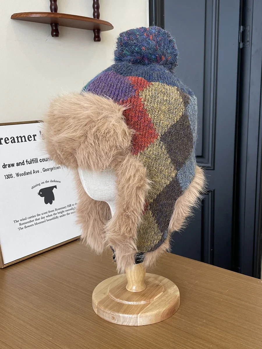 Plush plaid knitted wool hat women's winter big head thickened cold-proof wool plaid ear protection Lei Feng hat