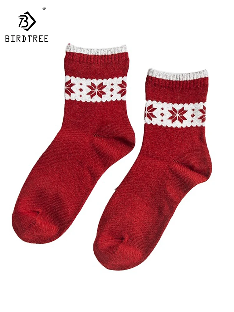 Birdtree 3PCS 16%Sheep Wool Print Socks Women Thickened Autumn Winter Medium Tube Long Socks Warm Sleep Christmas Socks P39215QC