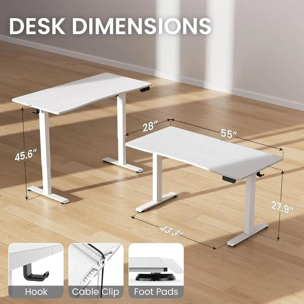 28 Height-Adjustable White Electric Desk, 55 for Sit-Stand Work, Study, Gaming