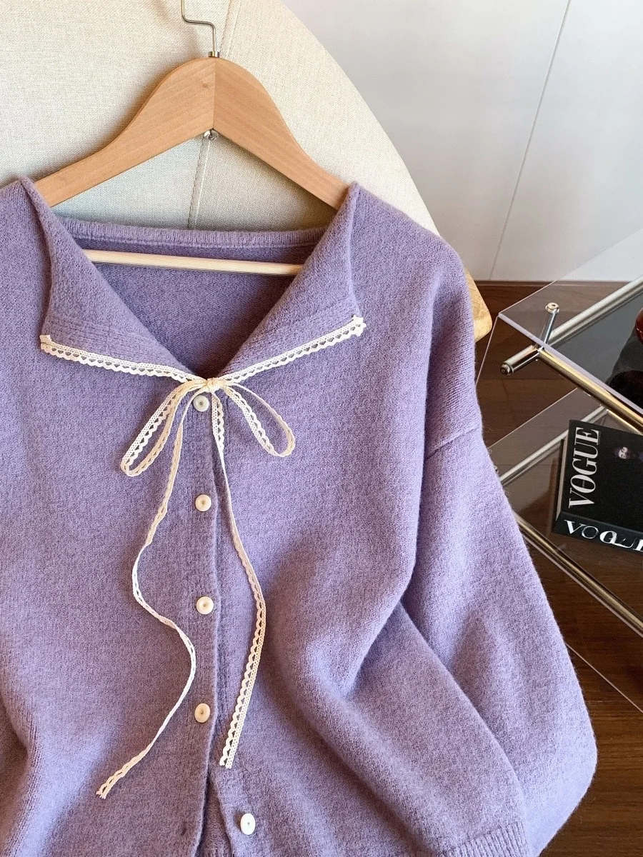 Unique Beautiful Purple  Knot Lace Sweater Coat Women's Autumn Winter Thiened Knitted Soft Outerwear Top