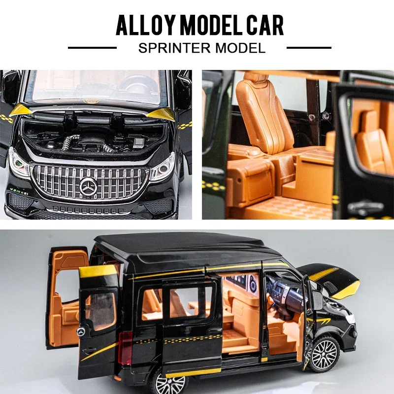 1:24 Sprinter Alloy MPV Car Model Diecast Metal Toy Vehicles Car Model Collection Sound and Light Simulation Children Gift