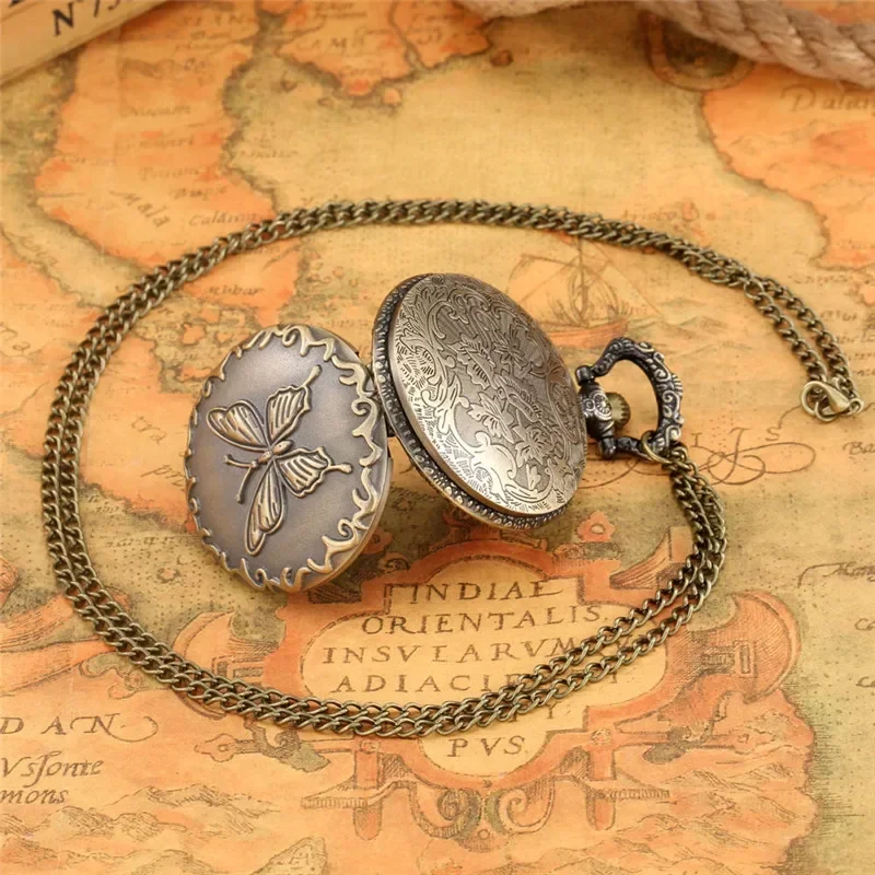 Antique Vintage 3D Butterfly Pocket Watch Bronze Men Women Quartz Analog Watches Arabic Number Clock Necklace Chain Gift Reloj