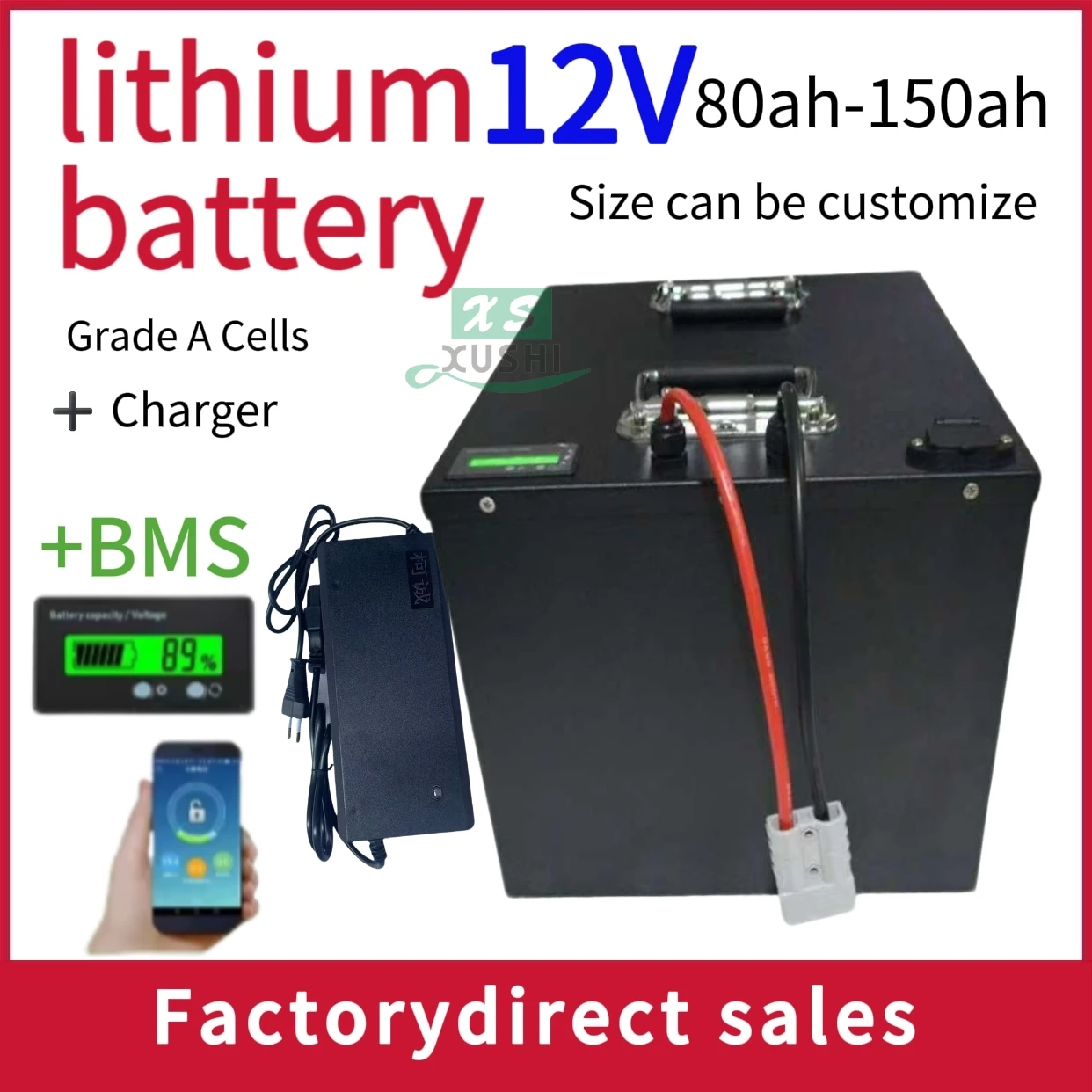 

XS Batterie au lithium avec BMS Bluetooth, énergie solaire, chargeur 10A, 12.8V, 100Ah, 12V, 100Ah, 120Ah, 80Ah, 1200W,