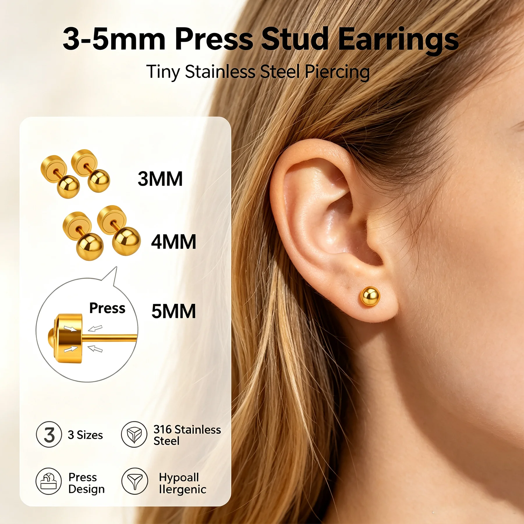 3-5mm Mini Gold Ball Press Stud Earrings 316L Stainless Steel Hypoallergenic Helix Tragus Daily Piercing Jewelry Unisex