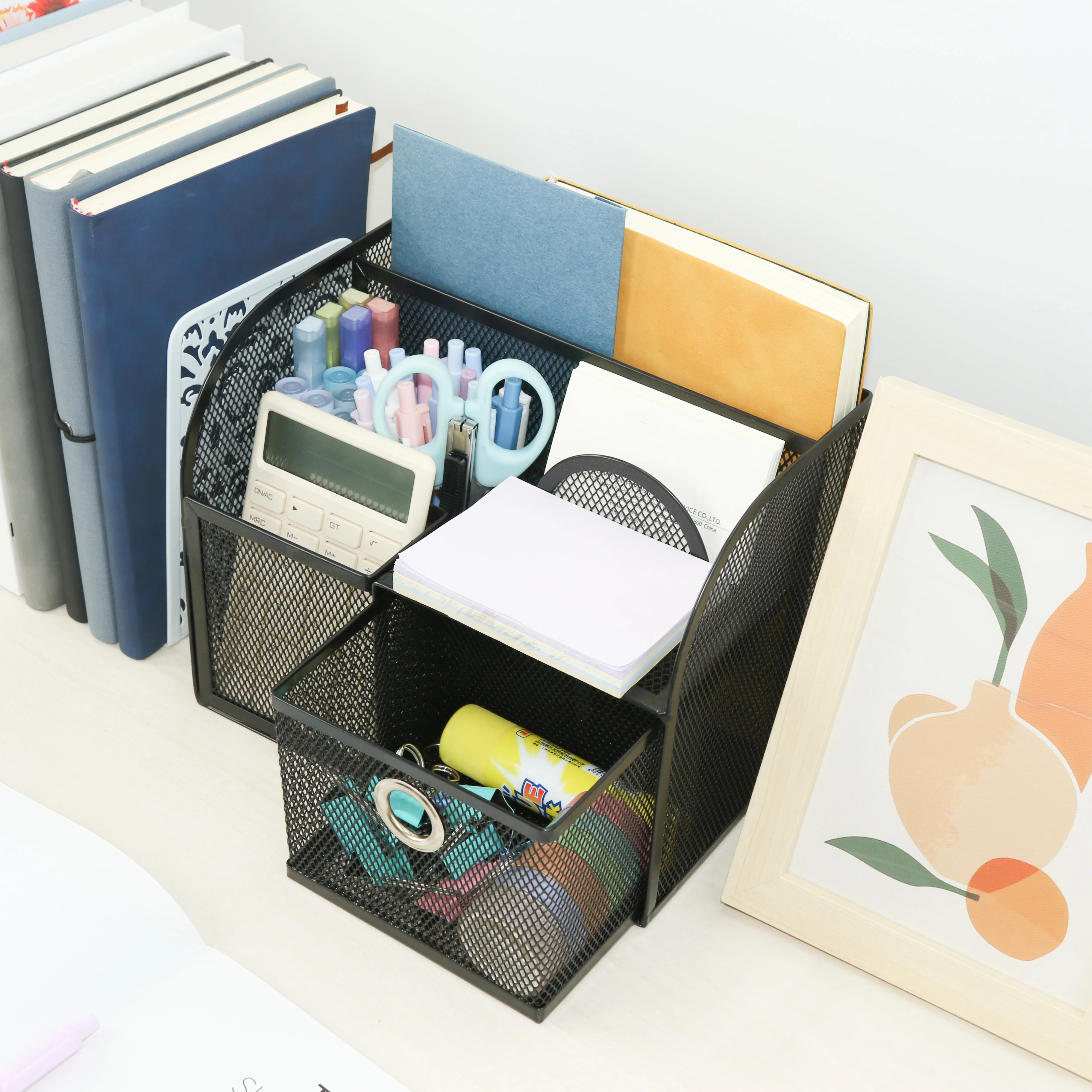 Metal Mesh Desktop Organizer with 5 Compartments - Freestanding, Space-Saving Storage for Home Office and School Supplies