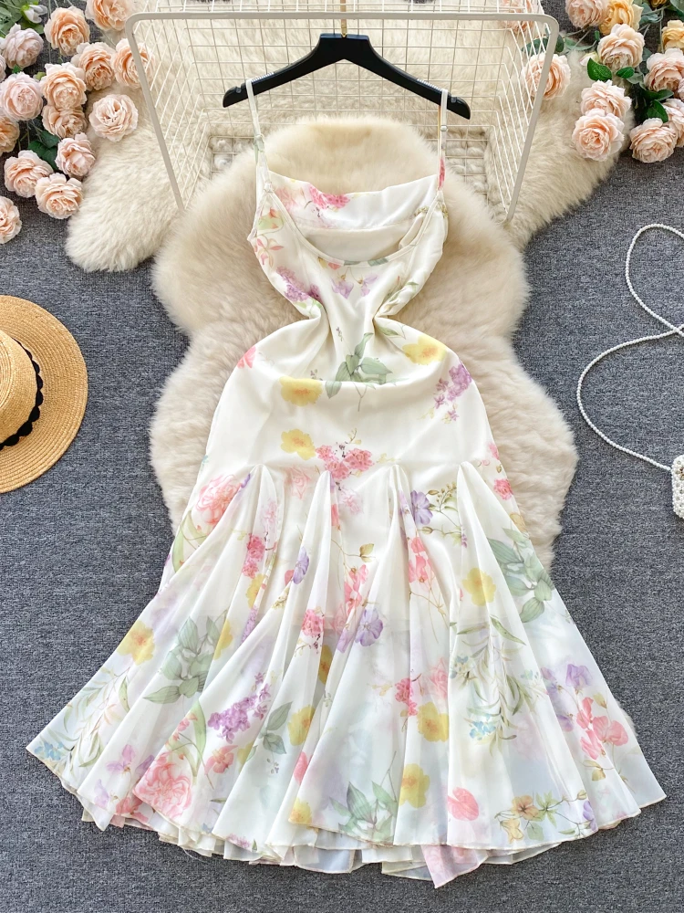 French Elegant Beach Dress 2024 New Women Sexy Floral Printed Slim Mid Length Ruffled Party Dresses Ladies Summer Long Robe