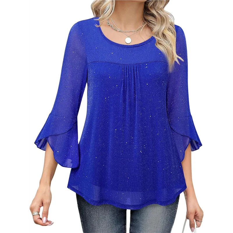 

Women's Ruffle 3/4 Sleeve Elegant Dressy Blouses Crew Neck Double Layers Mesh Tunic Tops-A55G