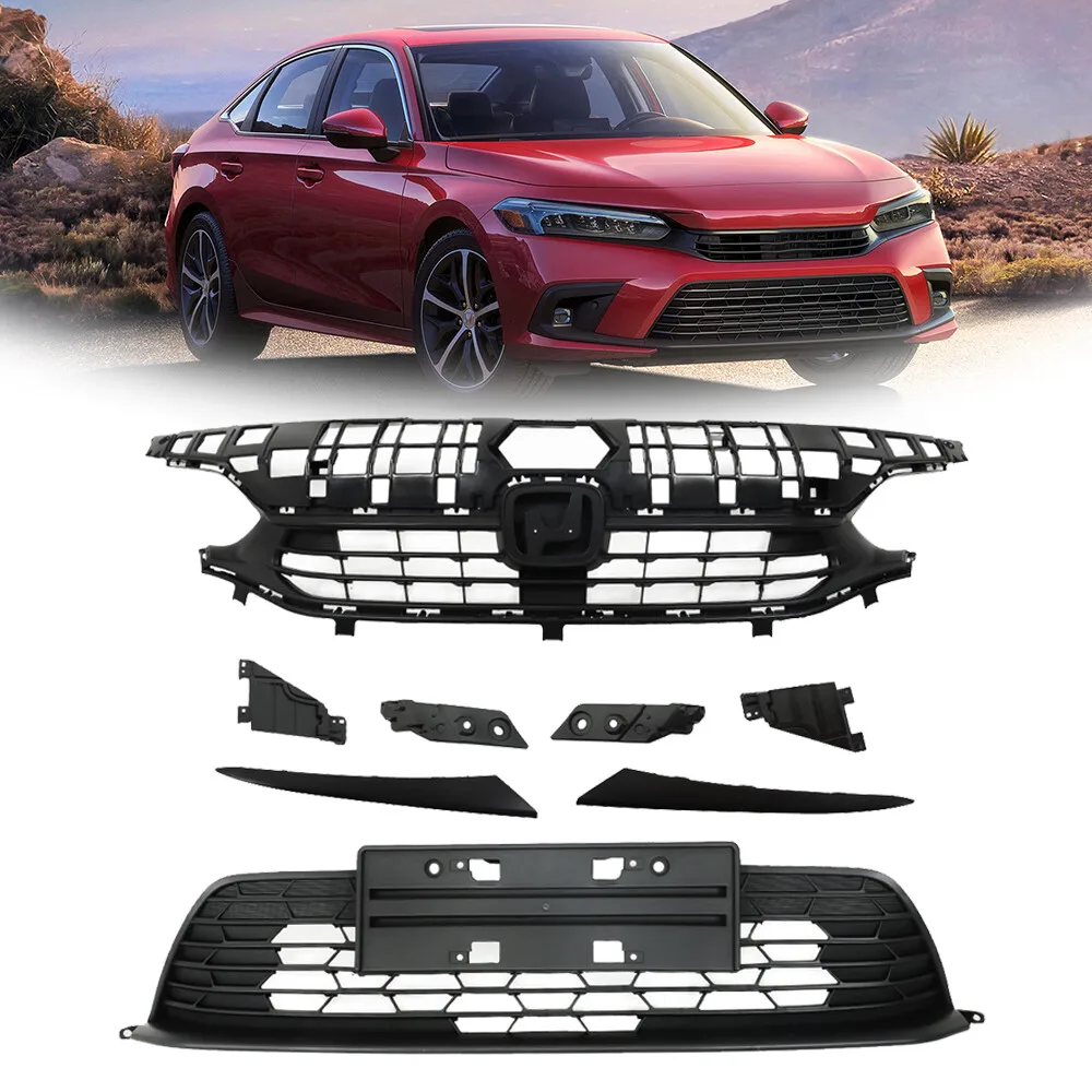 

For Honda Civic 2022-2023 Front Bumper Upper&Lower Grille +Headlight Eyelid Set