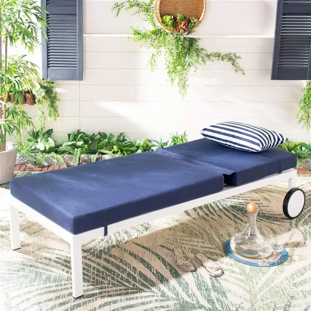 PAT4042A Outdoor Collection Yves Navy and White Sun Lounger Lounge Chair