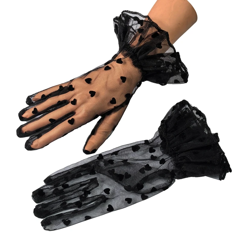 

Sexy Black Mesh Short Gloves Bridal Sheer Lace Ruffled Decoration Gloves Wedding Party Photo Props