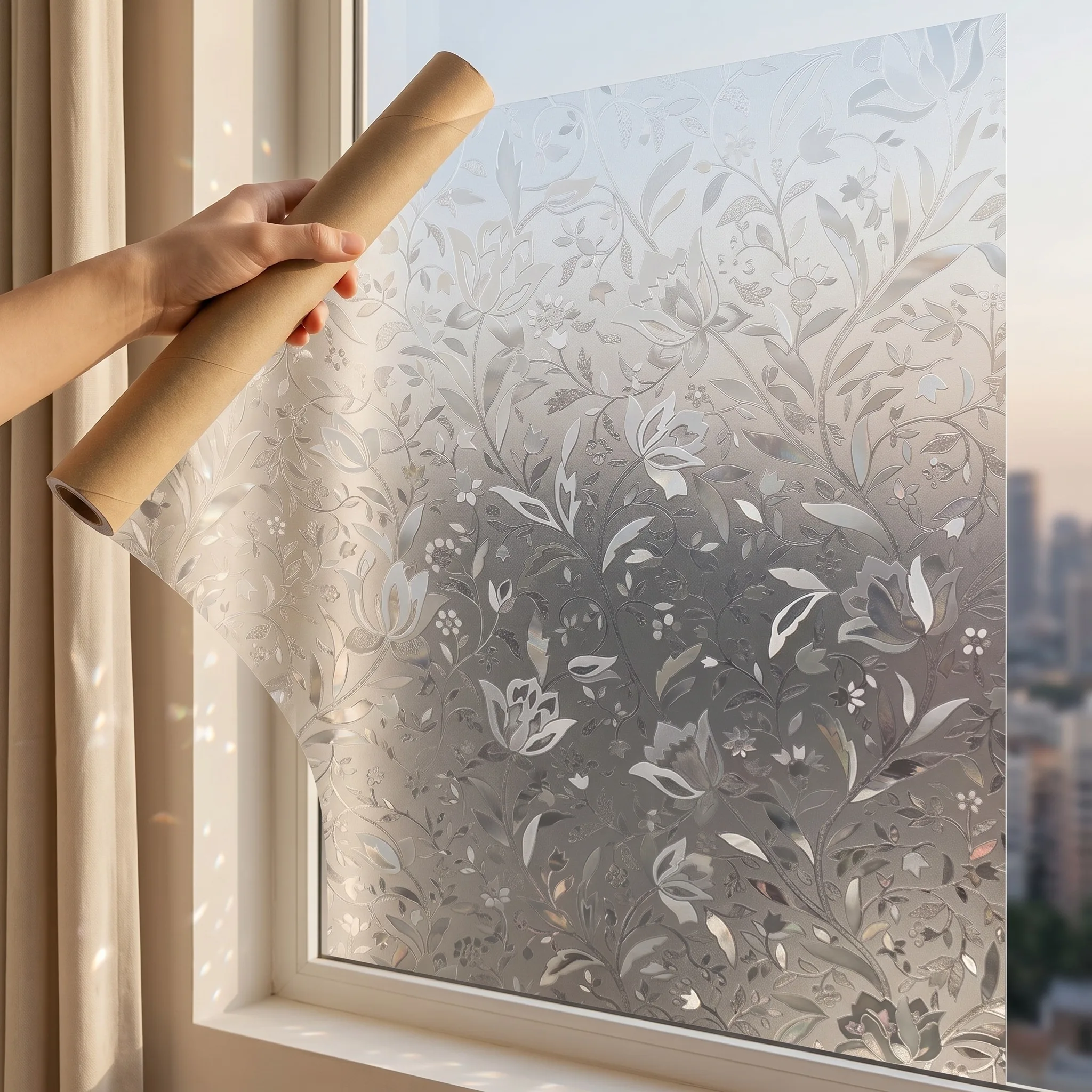 Static Cling No Glue Frosted Window Film Gradient Botanical Floral Privacy Glass Film, Elegant Vintage Decor for Bathroom Bedroo