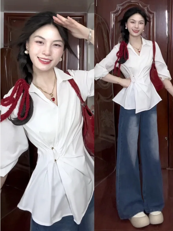 

Белые женские irt 2025 New Sle Slim Fit с застежкой на талии, французский дизайн, ощущение для поездок на работу, топ, осенняя мода