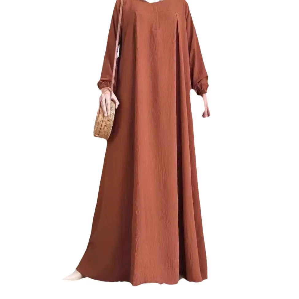 Solid Stretch Cuff Women Dress Zip-up O-neck Abayas for Women Simple Muslim A-line Dresses Femme Turkey Dubai Vestido Kaftan