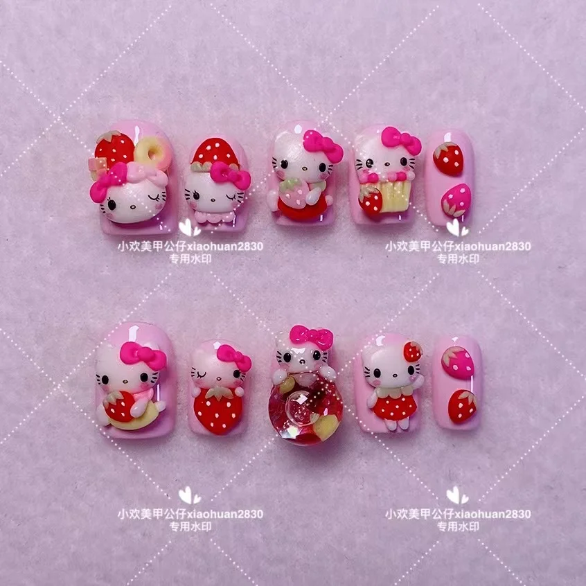 Strawberries Hello Kittys Nails Mold Doll Finished Sweet Cute Diy Handwork Silica Gel Bowknot Cat Nails Mold Accessories