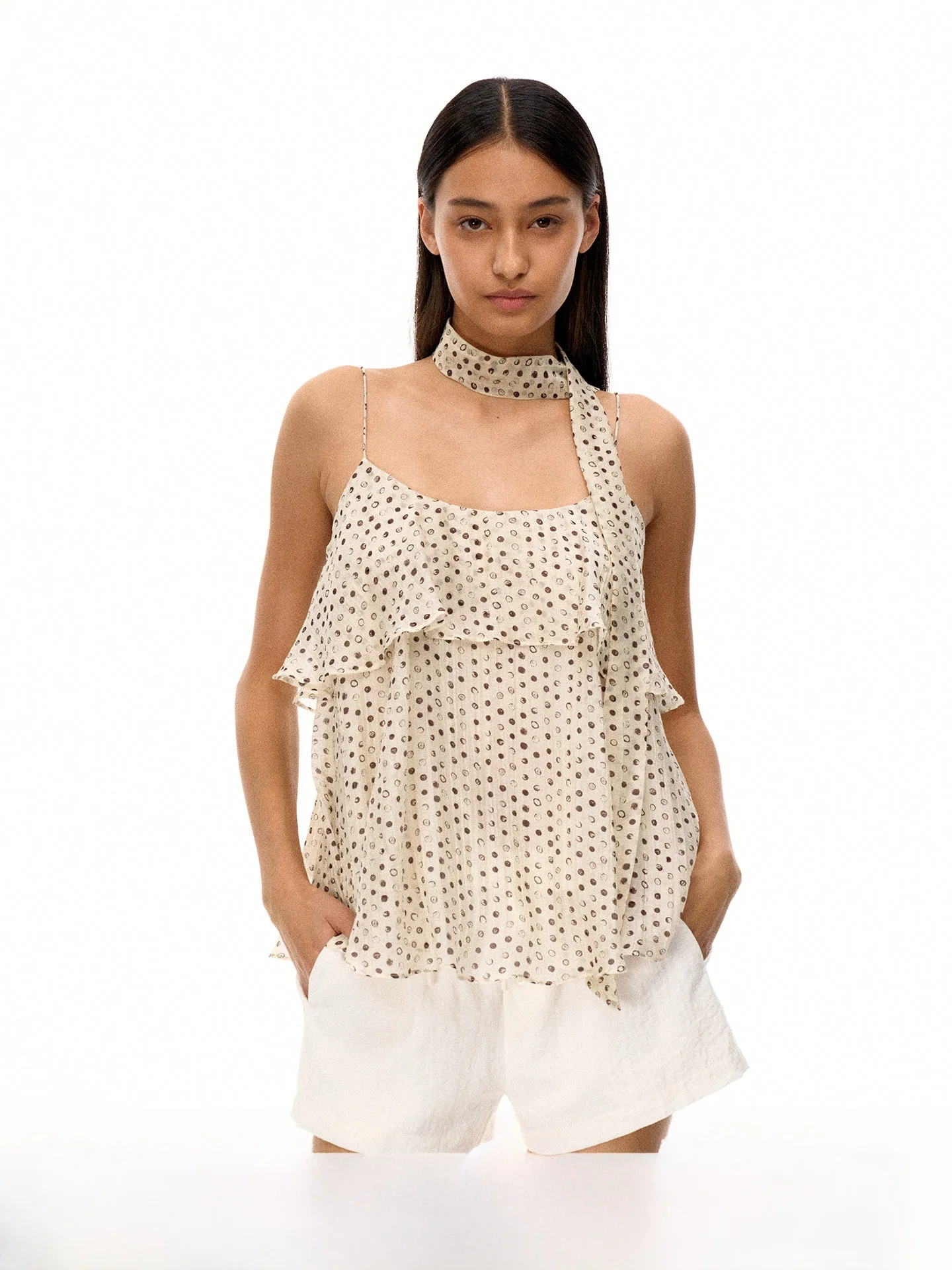 

Firstfloor Casual Women's Vest with Sash Design in Beige Polka Dot Print French Style Loose Fit round Neck Top