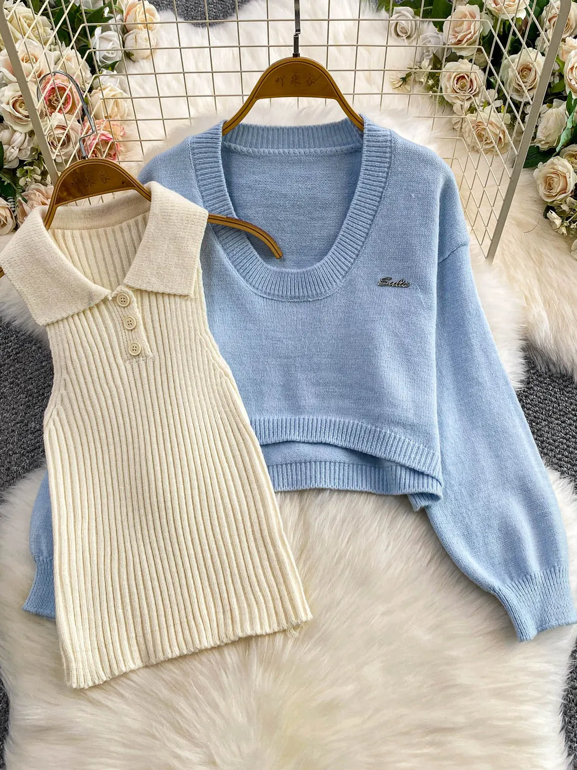 Koreanisches Sle ort rundes Ne-Strickpullover-Set, schmale Passform, elastisches blaues Top und Weste-Outfit, lässige Herbstkleidung für Teenager