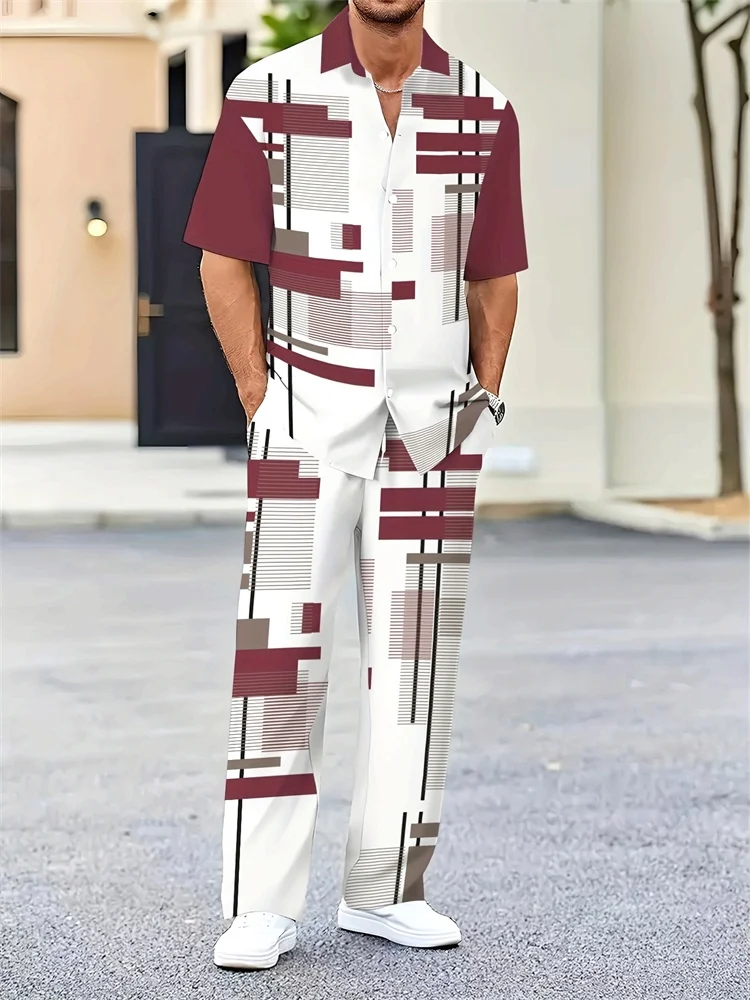 2025 Autumn Geometric Color Block Printed Short-sleeved Set, 2pcs Daily Casual And Loose Men's Shirt Set, Casual And Fashionable