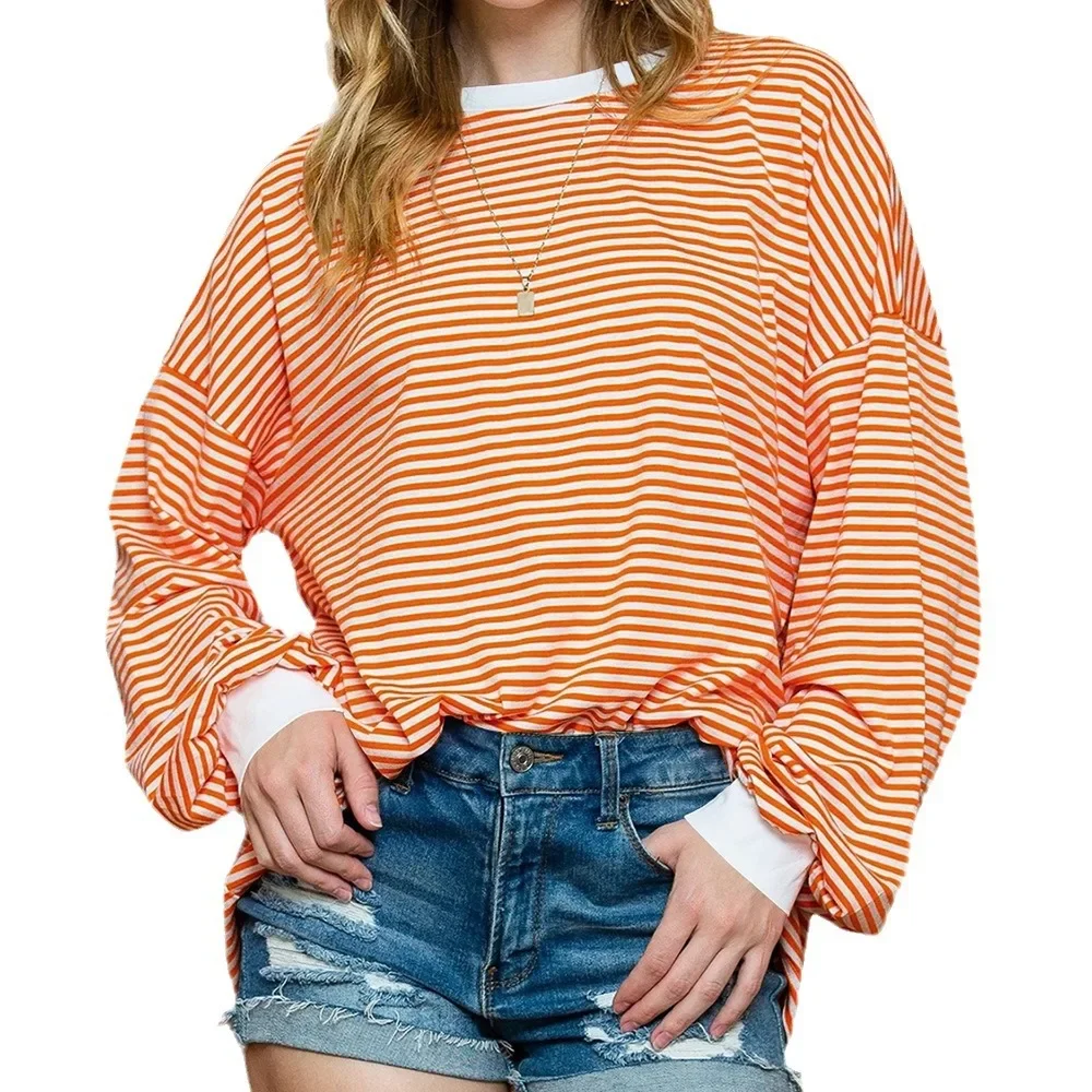 Neue Frühling Herbst frauen Langarm Tops dame Casual Lose Sweatshirt Weibliche Oansatz Streifen Pullover frauen Kleidung