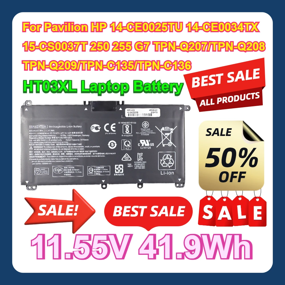 

For Pavilion HP 14-CE0025TU 14-CE0034TX 15-CS0037T 250 255 G7 TPN-Q207/TPN-Q208/TPN-Q209/TPN-C135/TPN-C136 HT03XL Laptop Battery