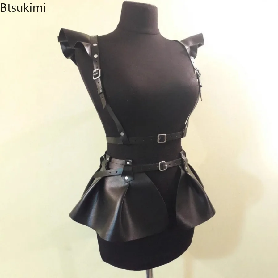 Women Leather Corset Belt Adjustable Gothic Punk PU Leather Ruffle Hem Harness Skirt Fashion Rock Stage Show Cosplay Accessories