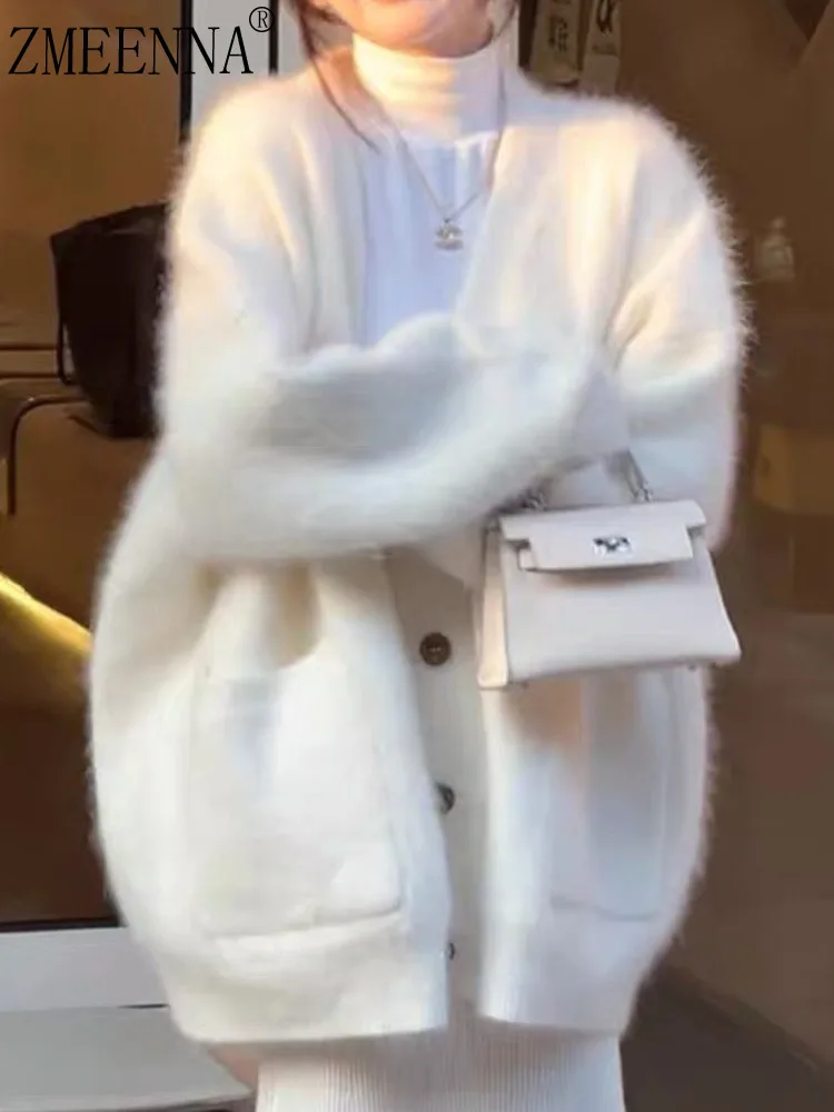 

ZMEENNA Women's White Fluffy Knit Cardigan With Button Closure And Long Sleeves Casual Soft Loose Fit Sweater Coat ZM3845