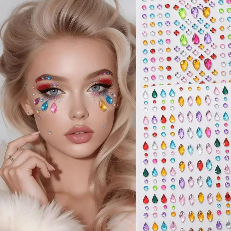 1 Sheet Self-Adhesive Rhinestone Face Gems Stickers Makeup Teardrop & Heart Eye Decals with Multi-Color Face Jewels for Women