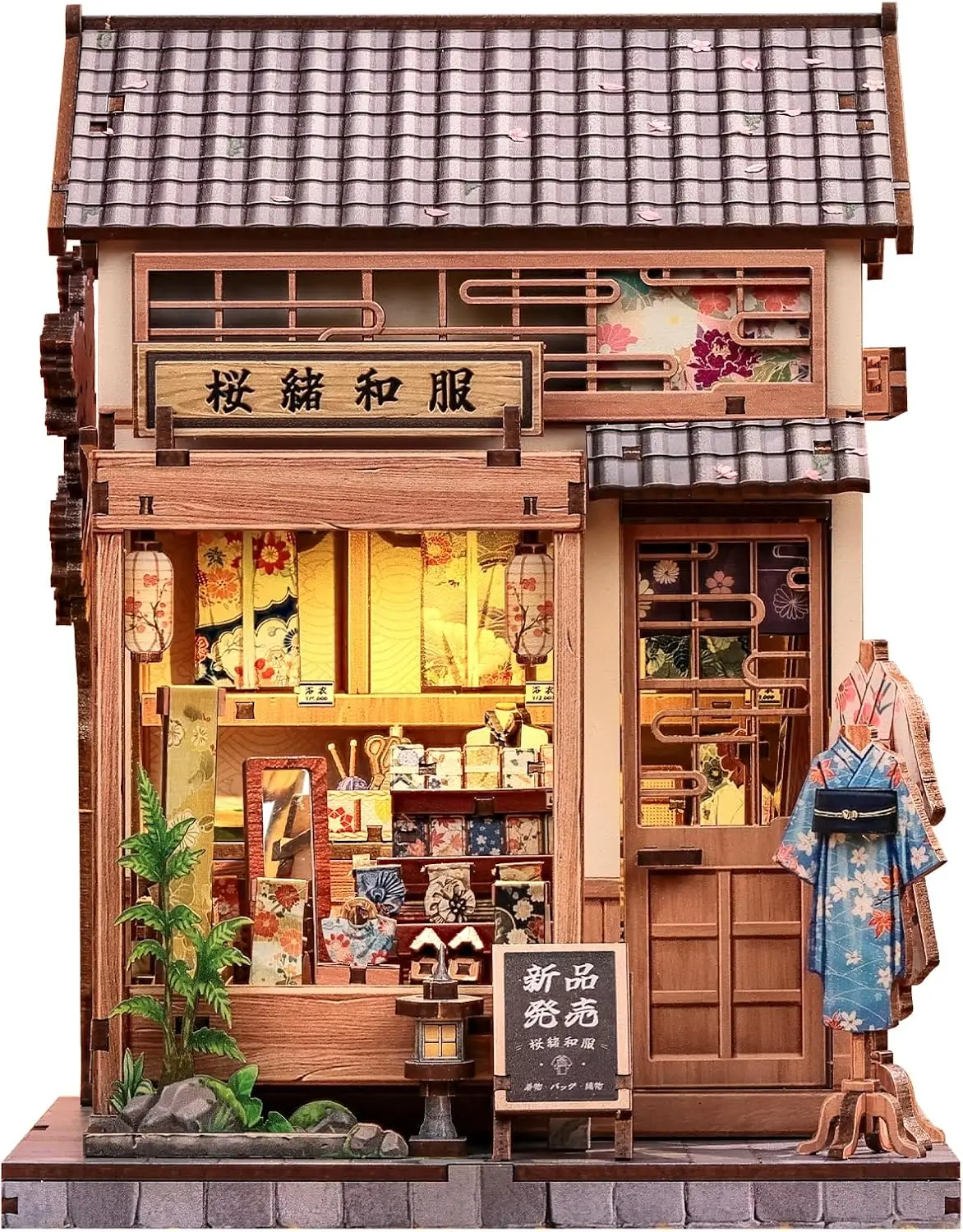 ชุดบ้านจิ๋ว DIY สไตล์ญี่ปุ่นสำหรับผู้ใหญ่ - ร้านซากุระกิโมโน ชั้นวางหนังสือ ไดโอรามา 3 มิติ ของขวัญตัวต่อ