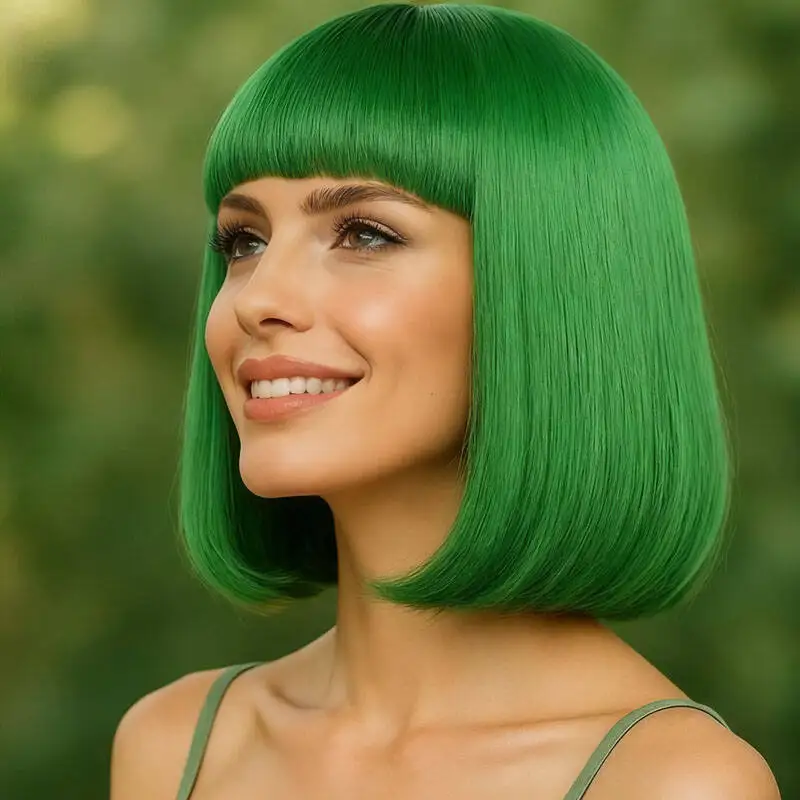 Multi functional 12 inch green straight tube synthetic wig with bangs, suitable for women to wear on Halloween and Christmas
