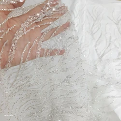 Super Soft Lovely Delicate Glass Beads Tulle Mesh Marriage Lace Fabric Silver Fabric for Wedding Hot Design Beaded Lace 1 Meter