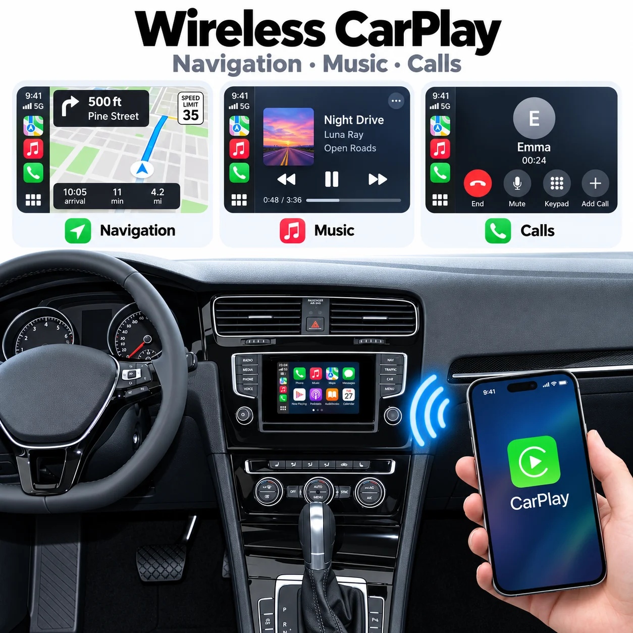 Wireless CarPlay Android Auto for VW Golf7 Seat Skoda MIB MIB2 Multimedia, Support Mirror Link AirPlay Reverse Camera