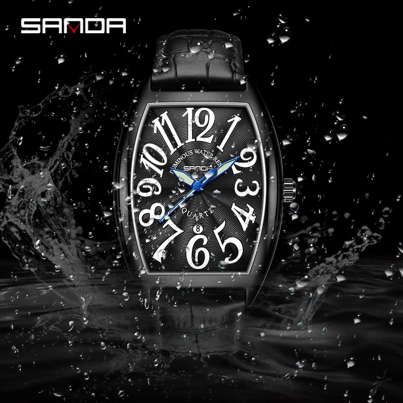 SANDA New Quartz Men\'s Watch Casual Fashion Simple Design Barrel Shape Dial Genuine Leather Strap Waterproof Business Men Watch